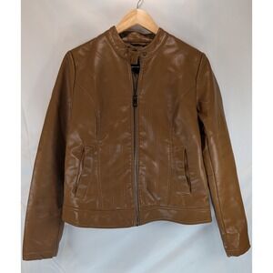 Bernardo Womens Faux Leather Moto Jacket Cognac Brown Cafe Racer Medium